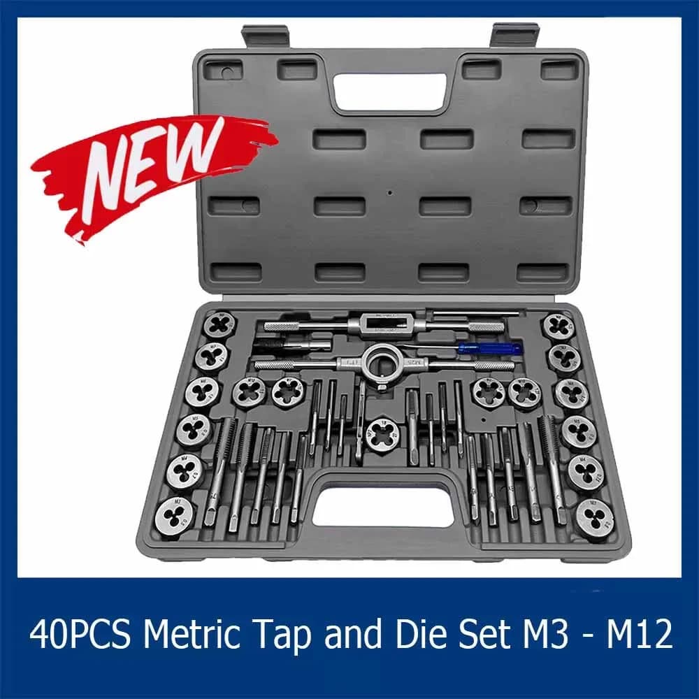 40Pcs Tap and Die Set Kit wiith Case Metric M3 to M12 Nut Bolt Screw Bearing Steel Pitch Gauge Threading Tool