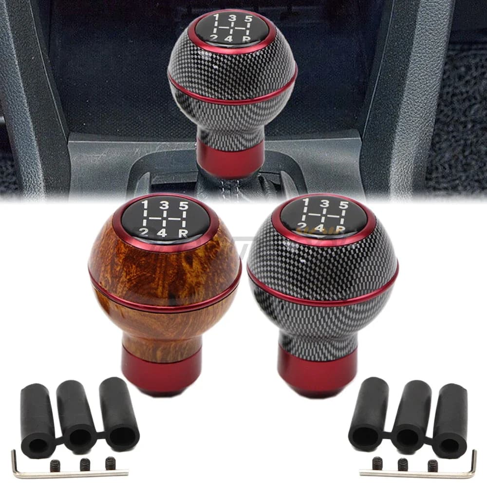 Gear Shift Knob 5 Speed Universal Car Manual Lever Stick Shifter Head Ball Wood Red Color / Red Carbon Fiber Style Aluminum Auto