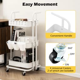 GOFLAME 3-Tier Rolling Cart Folding Storage Cart w/3 Hanging Cups&6 Hooks-White