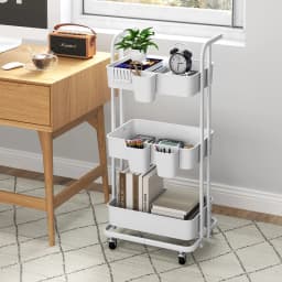 GOFLAME 3-Tier Rolling Cart Folding Storage Cart w/3 Hanging Cups&6 Hooks-White