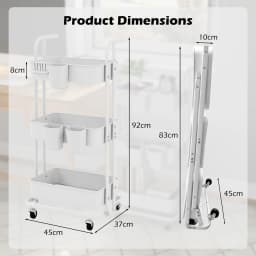 GOFLAME 3-Tier Rolling Cart Folding Storage Cart w/3 Hanging Cups&6 Hooks-White