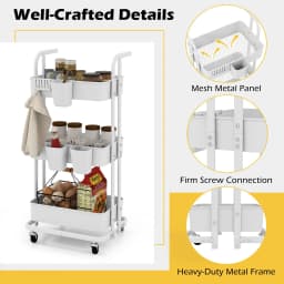 GOFLAME 3-Tier Rolling Cart Folding Storage Cart w/3 Hanging Cups&6 Hooks-White