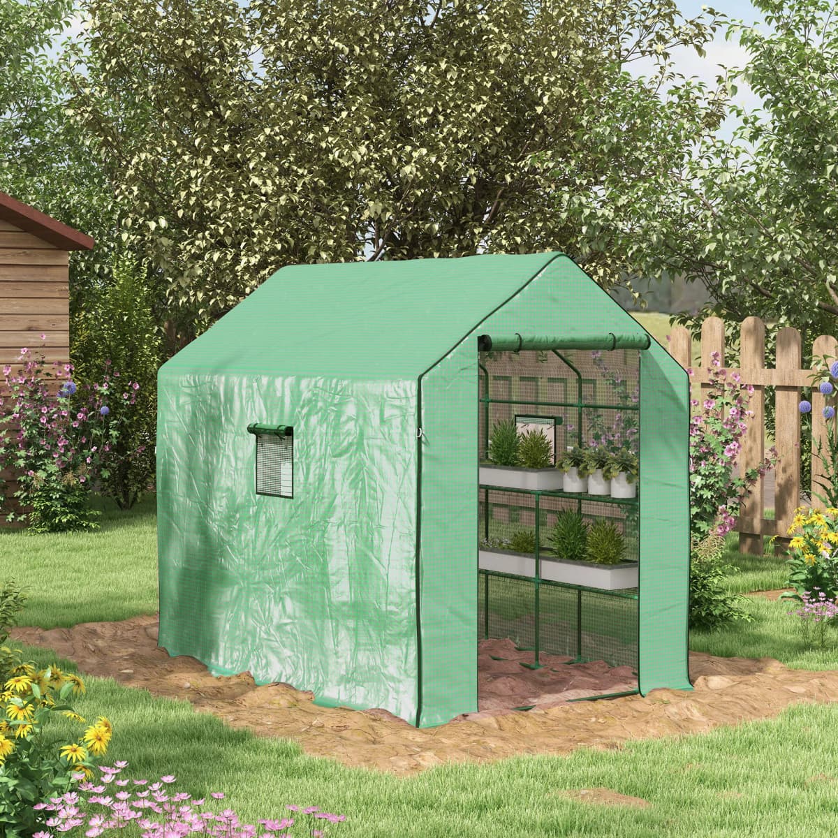 Outdoor Walk-In Greenhouse with 3 Tier Shelves with Reinforced Pe Cover, Green