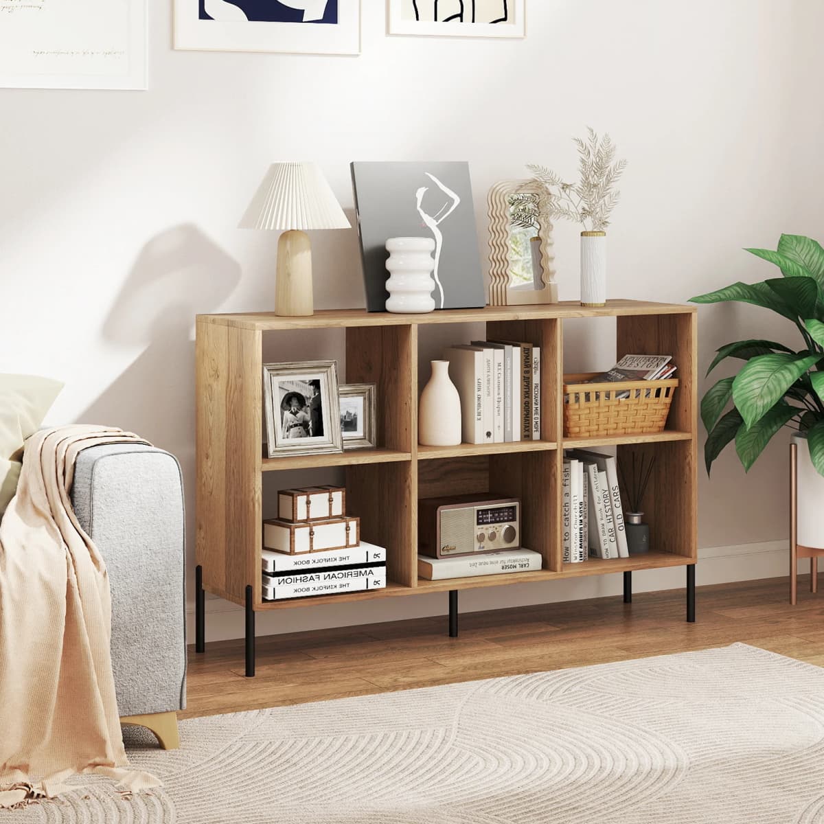 GOFLAME 6m³ Storage Bookcase 3-Tier Wooden Open Bookshelf with 5 Metal Legs & Adjustable Shelves Natural/Black/White