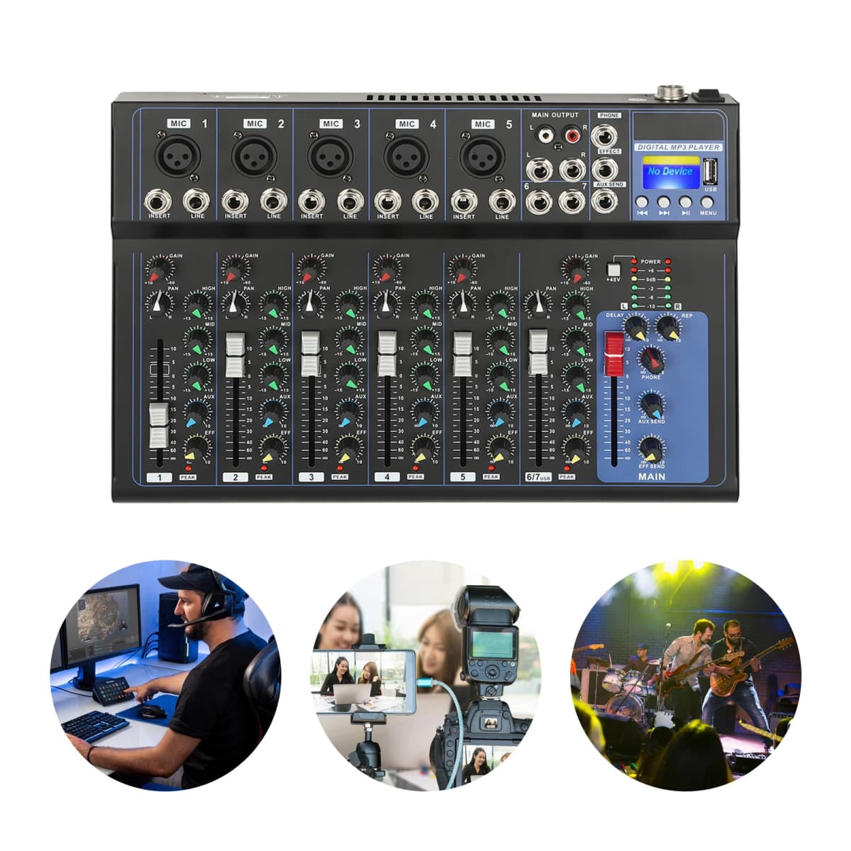 Bluetooth Audio Mixer USB DJ Sound Mixing Console 7-Channel Bands Mixing Boards for Live Streaming, Home KTV, Recording Studio
