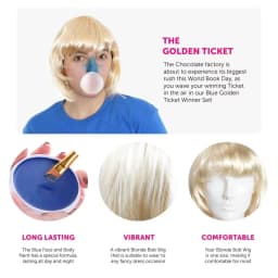 Blue Golden Ticket Winner Set - Blonde Bob Wig and Blue Face Paint - Violet Costume Set -World Book Day/ Book Week