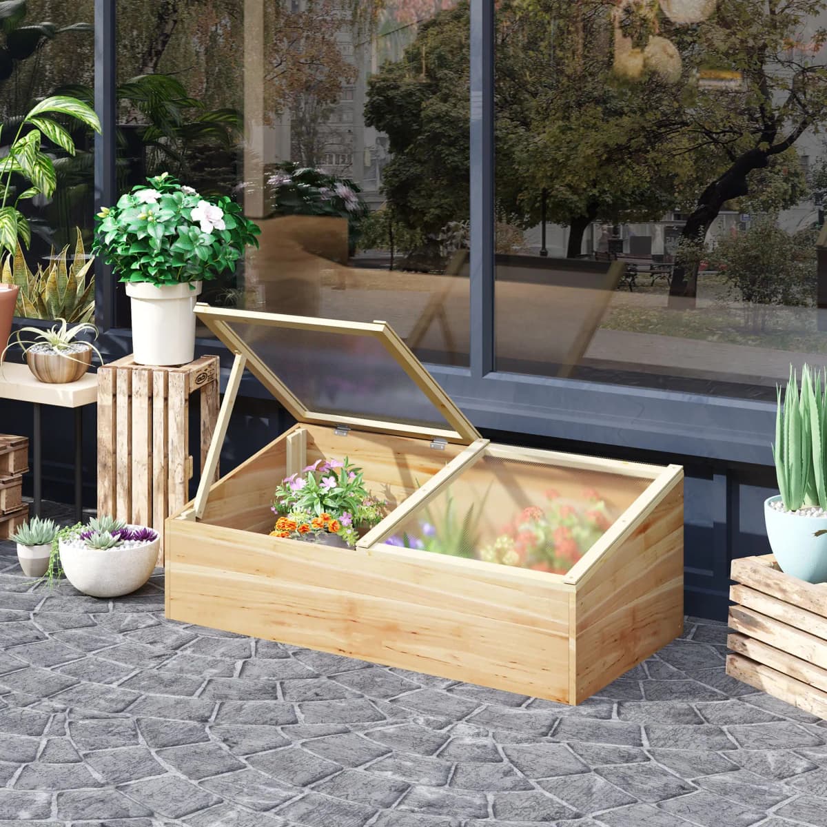 Wood Cold Frame Greenhouse Polycarbonate Grow House for Outdoor, Natural