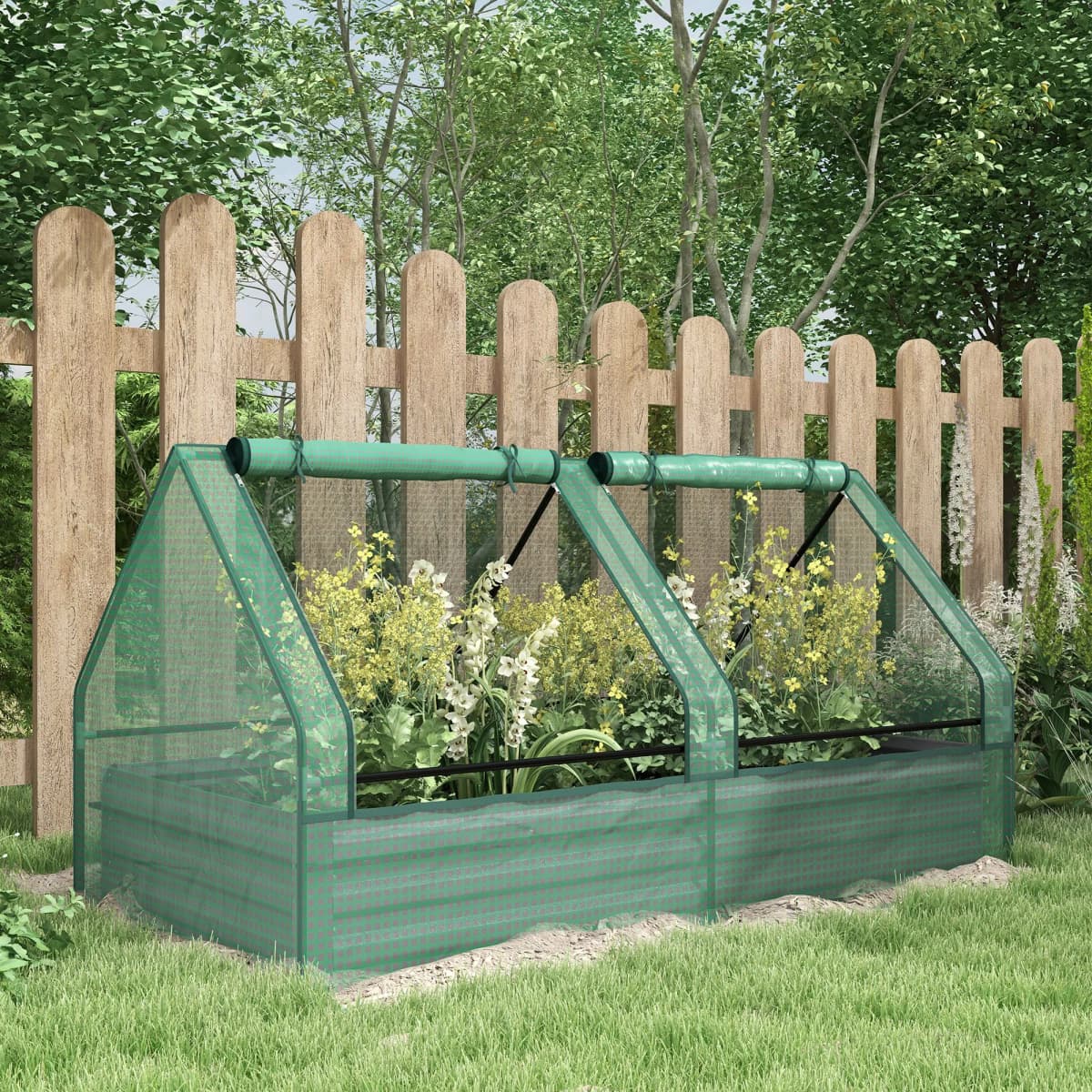 Raised Garden Bed with Greenhouse, Planter Box with Cover, Green and Dark Grey