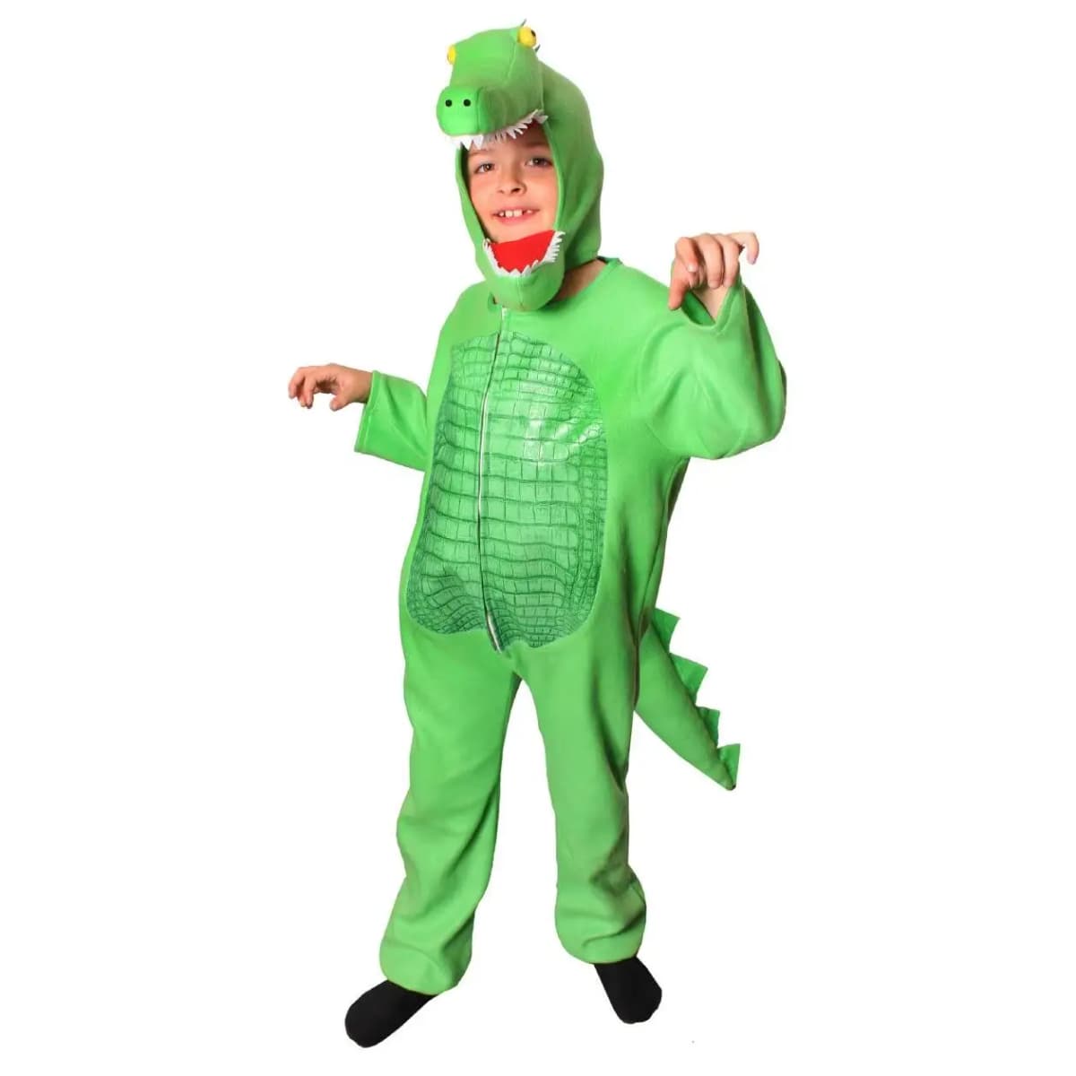 Kids Crocodile Costume - Green Onesie with Attached Tail, Scaly Tummy & Crocodile Headpiece - World Book Day Outfit