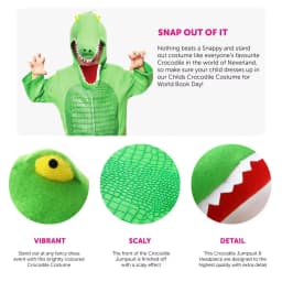 Kids Crocodile Costume - Green Onesie with Attached Tail, Scaly Tummy & Crocodile Headpiece - World Book Day Outfit