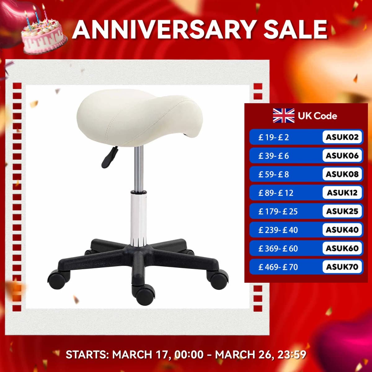 HOMCOM Saddle Stool Adjustable Rolling Salon Chair for Massage Spa Beauty