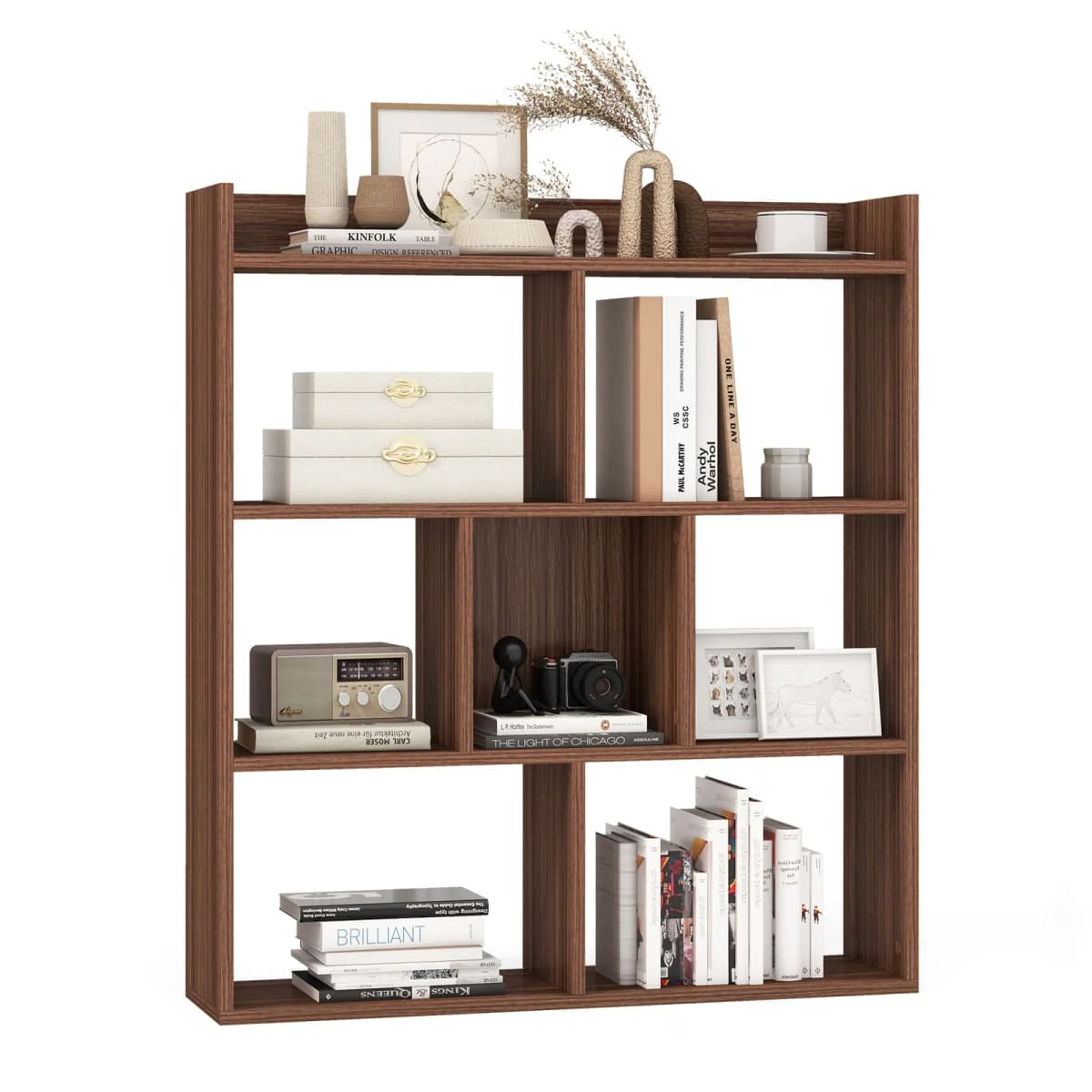 GOFLAME 7 Cubes Open-back Bookshelf Storage Display Shelf Wooden Bookcase Walnut