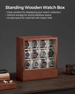SONGMICS 12-Slot Wooden Watch Box, Watch Display Case with Window, Watch Display Cabinet with Solid Wood Veneer