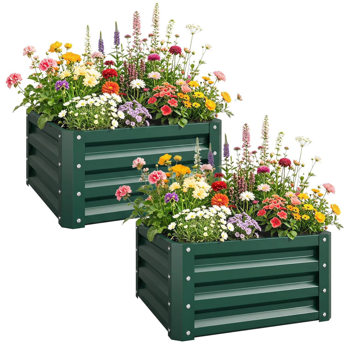Set of 2 Raised Garden Beds Galvanized Steel Planter Boxes Easy Setup Green