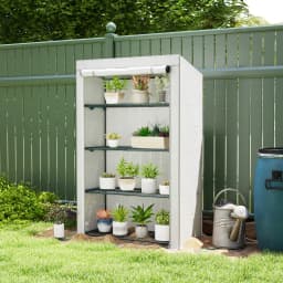 4 Tier Lean-To Mini Greenhouse with Reinforced Pe Cover, Roll-Up Door, Gray