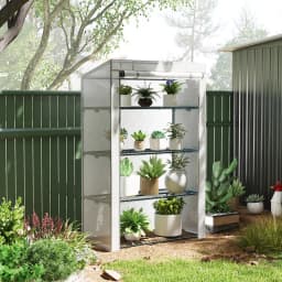 4 Tier Lean-To Mini Greenhouse with Reinforced Pe Cover, Roll-Up Door, Gray