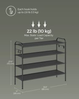 SONGMICS Shoe Rack, 4-Tier Shoe Organiser, Fabric Shoe Shelf Storage with 4 Hooks, Holds up to 20 Pairs of Shoes