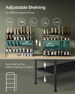 SONGMICS Shoe Rack, 4-Tier Shoe Organiser, Fabric Shoe Shelf Storage with 4 Hooks, Holds up to 20 Pairs of Shoes