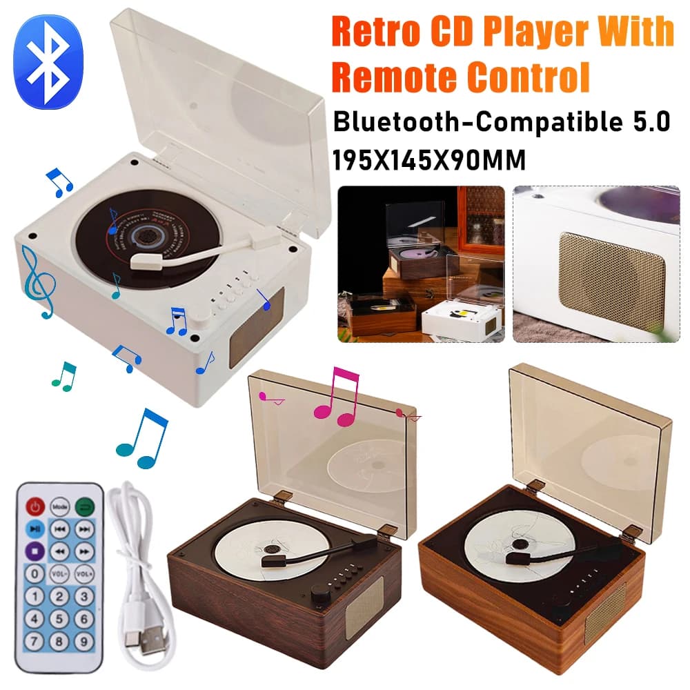 Vintage Retro CD Player Remote Control Home Desktop CD Player 5.0 Bluetooth Wireless Speaker Support CD USB 3.5mm AUX For Phone