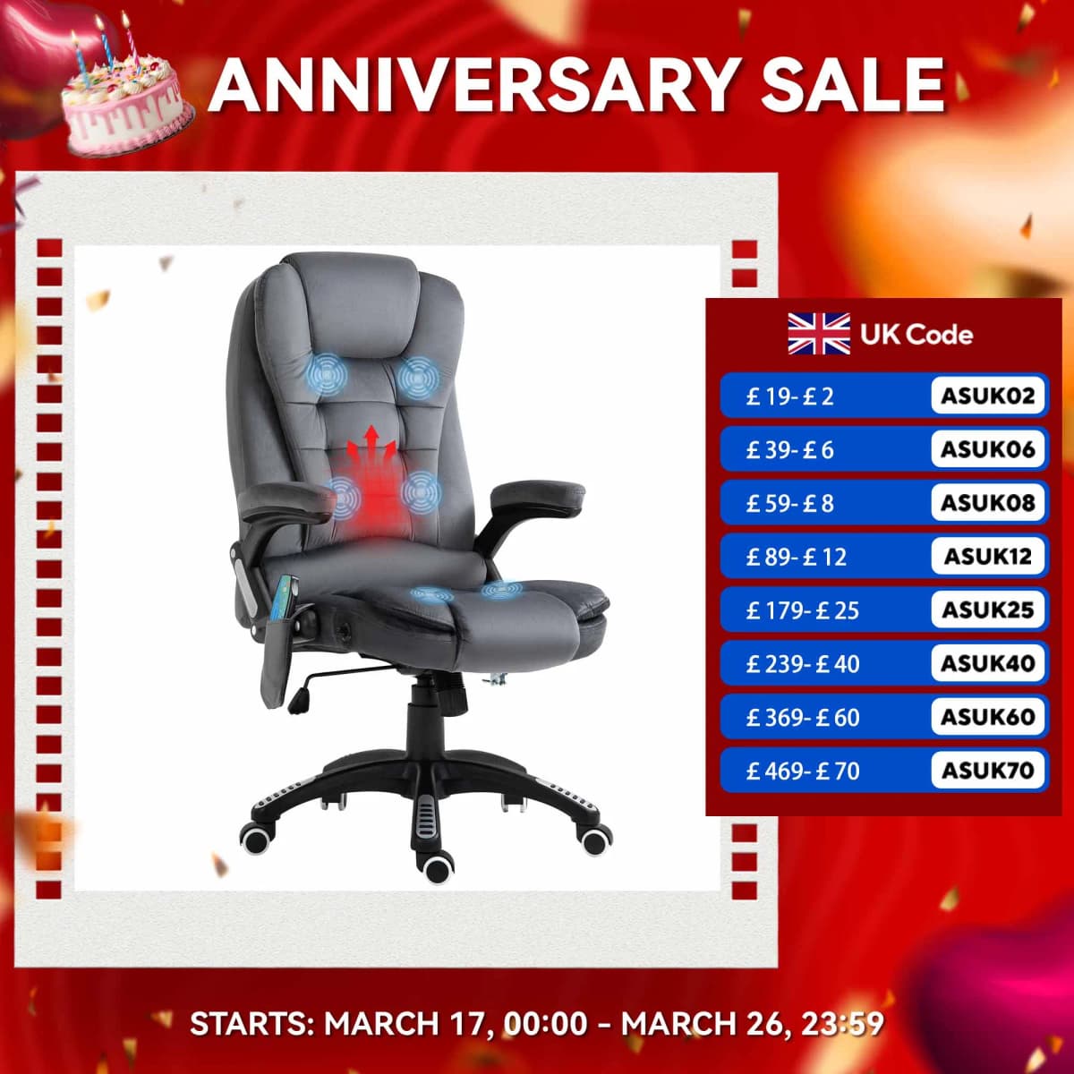 Vinsetto Office Chair with Heating Massage Points Relaxing Reclining, Grey