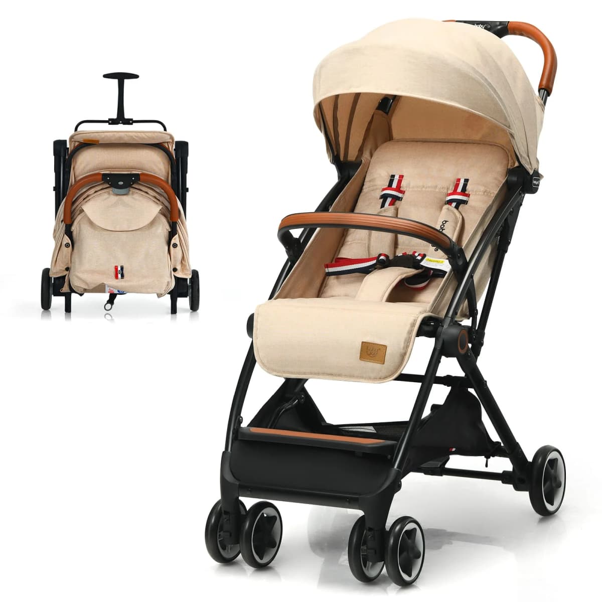 DORTALA Portable Baby Stroller One-Hand Folding Pushchair W/Adjustable Backrest-Beige