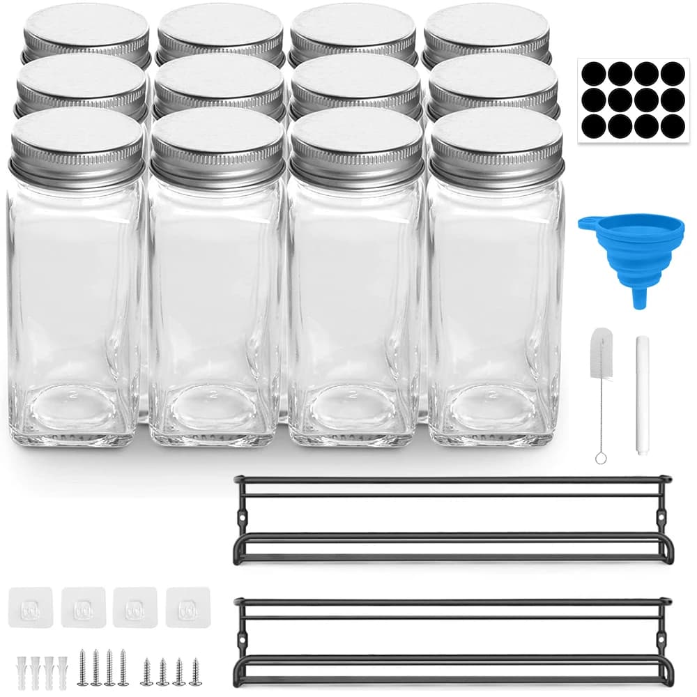 12Pcs Glass Spice Jars with Metal Lids Salt Pepper Shaker Spice Seasoning Containers Kitchen Spice Jar Organizer Set 120ML
