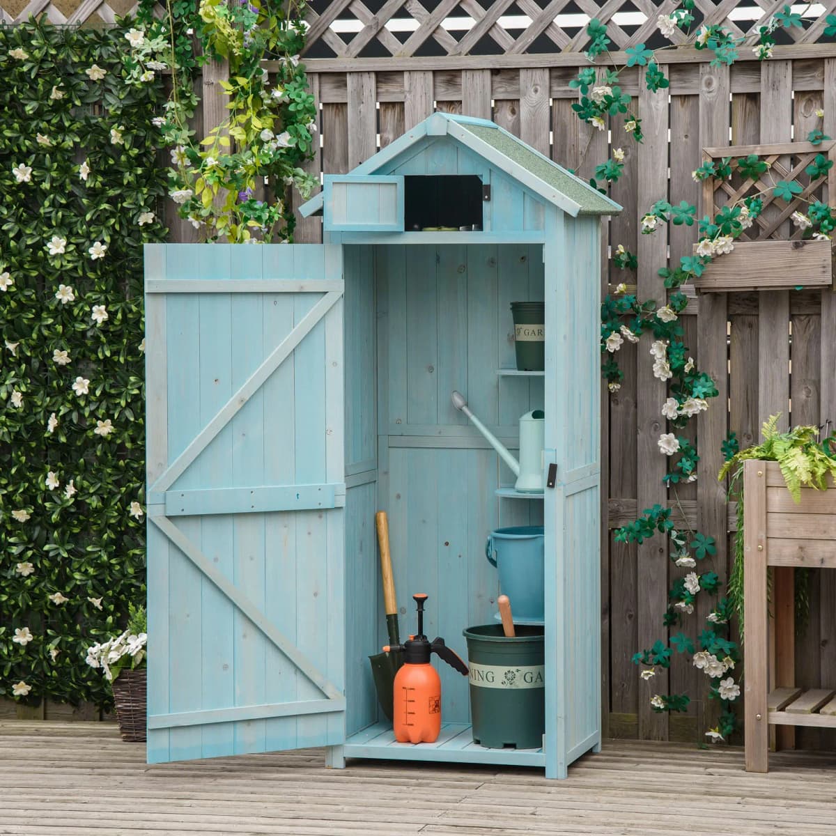 Garden Storage Shed 3 Shelves Tool House W/ Asphalt Roof 77 X 54 X 179 cm Blue