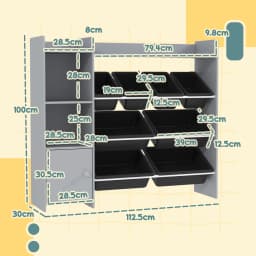AIYAPLAY Toy Storage Unit, with 8 Removable Bins, Storage Shelves, Cabinet, for Playroom, Kids Room, Nursery, Grey