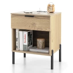 GOFLAME Mid Century Modern Nightstand Bed Side Table w/Charging Station-Natural