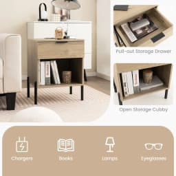 GOFLAME Mid Century Modern Nightstand Bed Side Table w/Charging Station-Natural