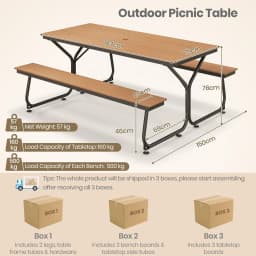 GOFLAME 183CM Picnic Table Bench Set Outdoor Dining Table & 2 Benches Umbrella Hole