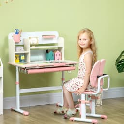 HOMCOM Kids Study Desk and Chair Set, Height Adjustable Set with Storage Shelves, Anti-Slip Mat, for Ages 3-12 Years