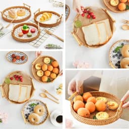 Simulated Woven Rattan Storage Tray Basket With Wooden Handle Bread Basket Tray Fruit Wicker Tray Coffee Table Decorative Tray