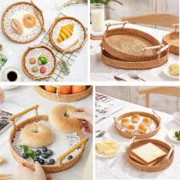 Simulated Woven Rattan Storage Tray Basket With Wooden Handle Bread Basket Tray Fruit Wicker Tray Coffee Table Decorative Tray