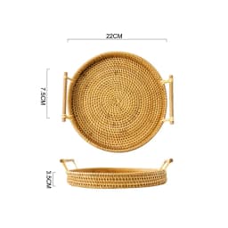 Simulated Woven Rattan Storage Tray Basket With Wooden Handle Bread Basket Tray Fruit Wicker Tray Coffee Table Decorative Tray