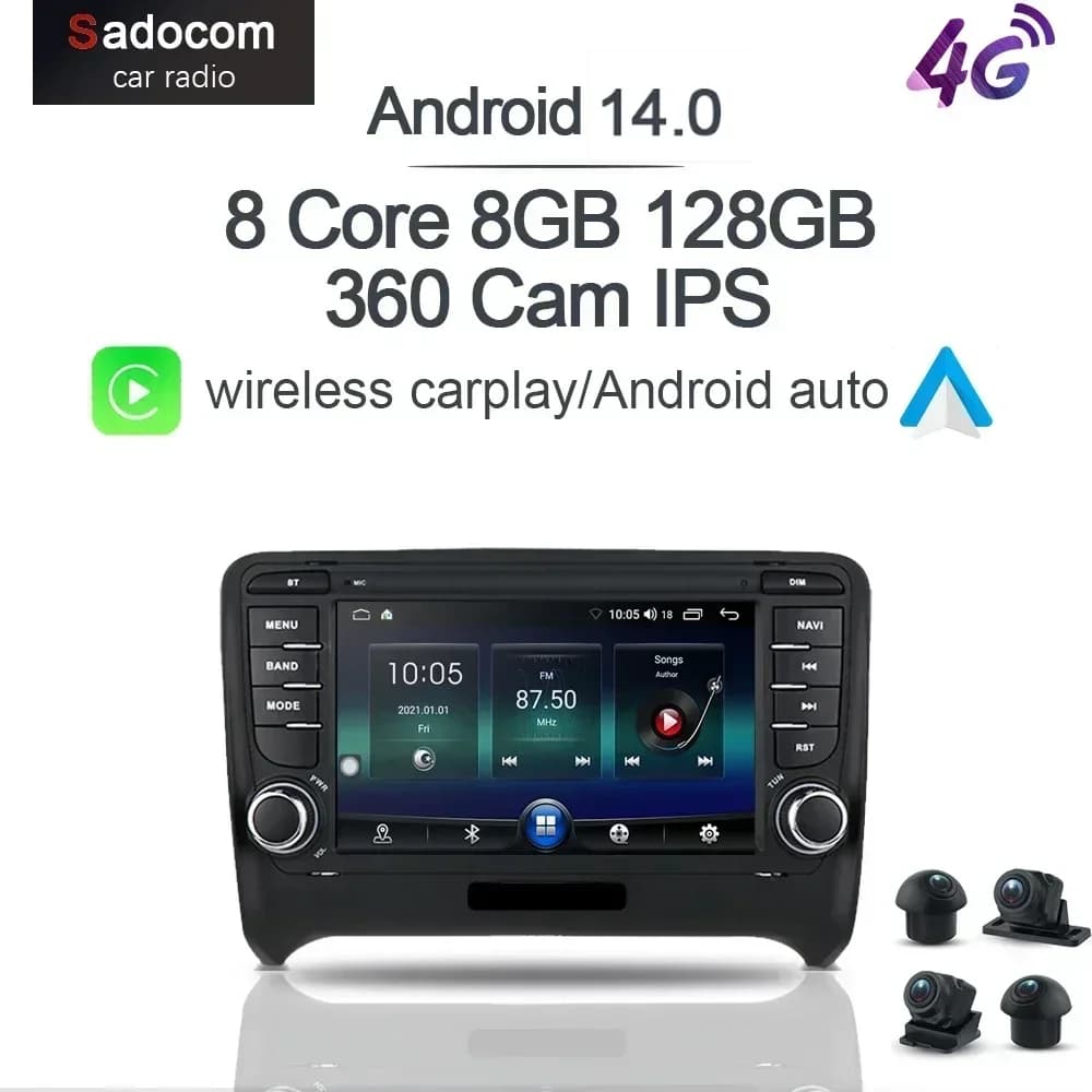 Carplay DSP IPS Android 14.0 8GB +128GB 8Core Multimedia Player GPS Map RDS Radio Bluetooth Wifi 360 cam For Audi TT 2003-2011