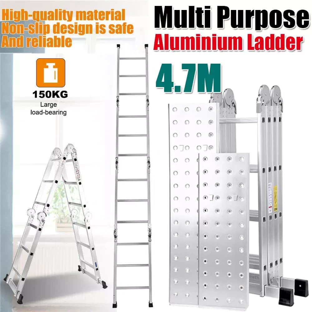 4.7M Foldable Ladder Aluminium Lock Step 14 IN 1 Combination Multi Purpose Ladder W/2 Scaffold Platform