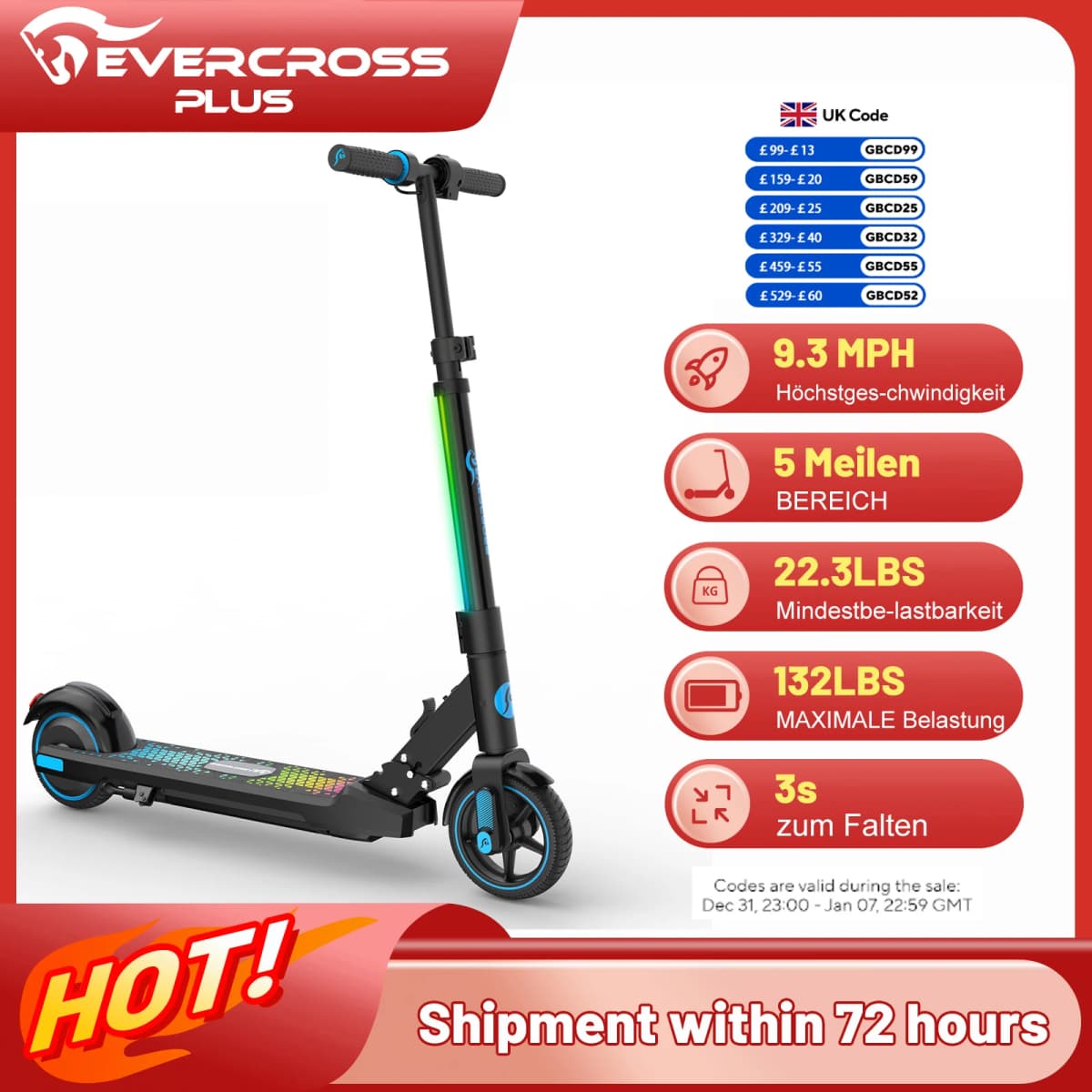 EVERCROSS PLUS EV06C Electric Scooter for Kids, Foldable 6.5'', Up to 15 KM/H, LED Display, Colorful Lights, Lightweight Scooter