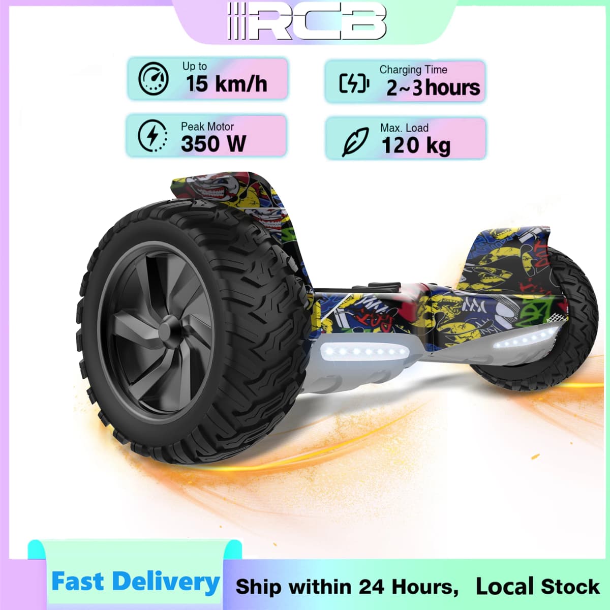 RCB Hoverboard 8.5 Inch 2 Wheel Self Balancing Scooter All Terrain with APP Control Bluetooth Speaker LED Lights Gift for Kids and Adults