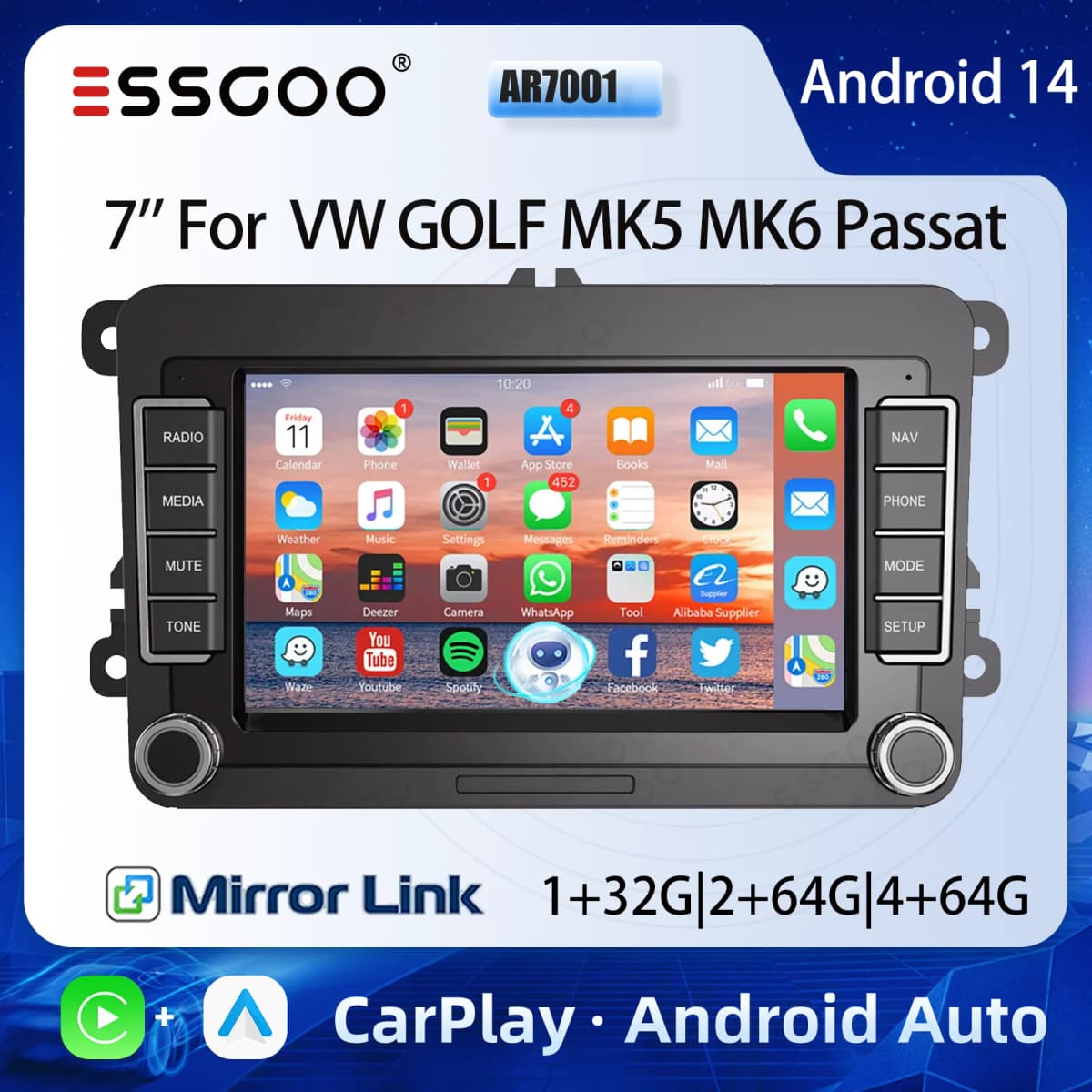 ESSGOO 7" Android 14 CarPlay For VW GOLF MK5 6 Passat Skoda Touran Tiguan Car Stereo Radio GPS Navi FM RDS BT Multimedia Player