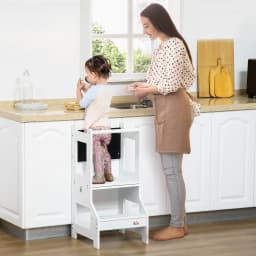 HOMCOM 2 in 1 Kids Kitchen Step Stool with Safety Rail Toddler Steps with Chalkboard for Kitchen Bathroom, White