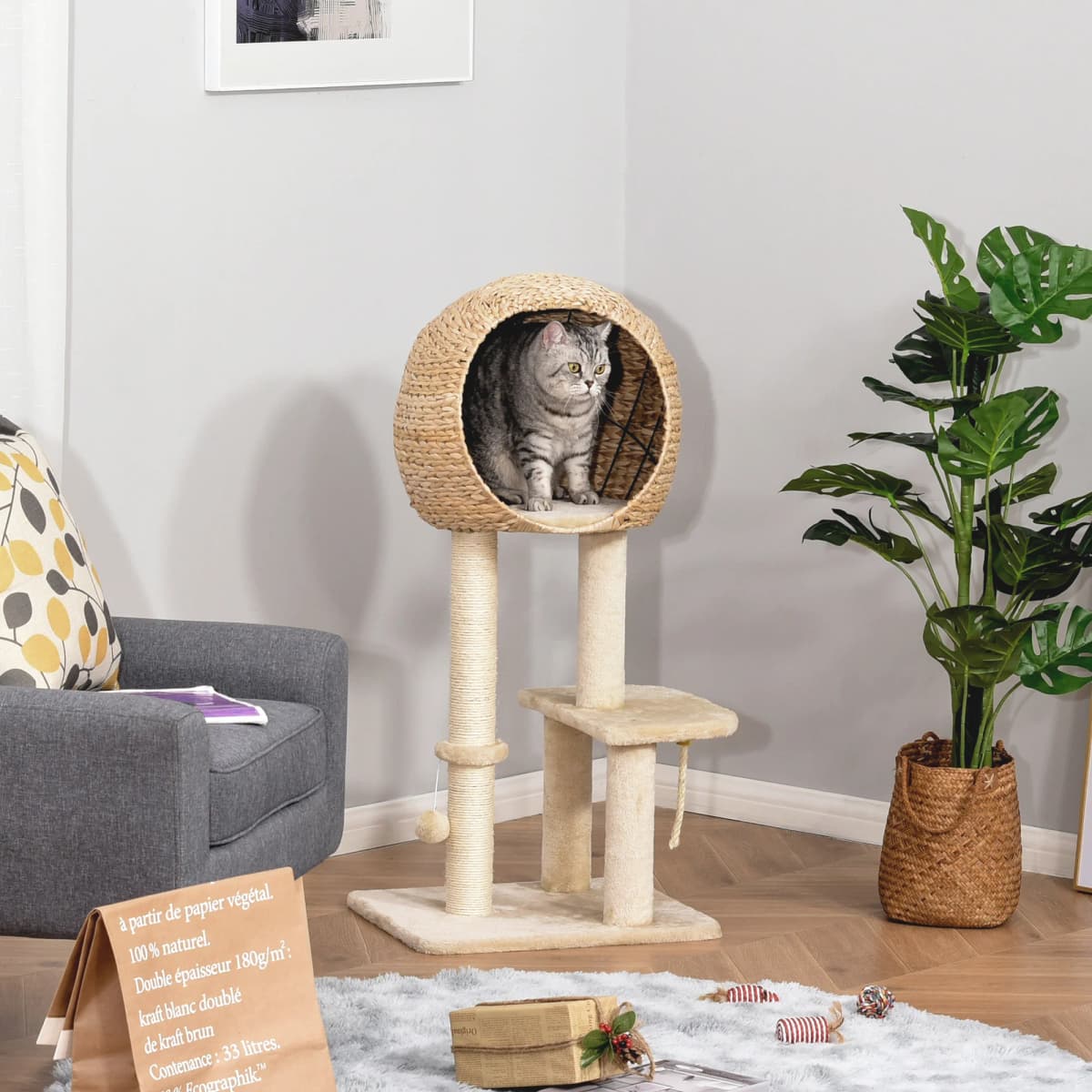PawHut Cat Tree 100cm Kitten Climbing Tower Activity Center with Sisal Scratching Post Condo Perch Toy Cushion