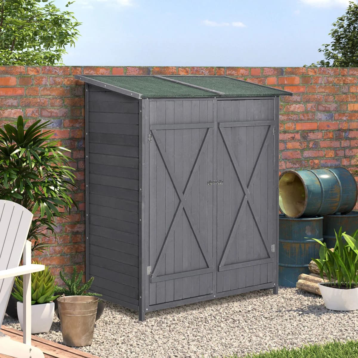 Garden Wood Storage Shed W/ Storage Table, Asphalt Roof, 139X75X160Cm, Grey