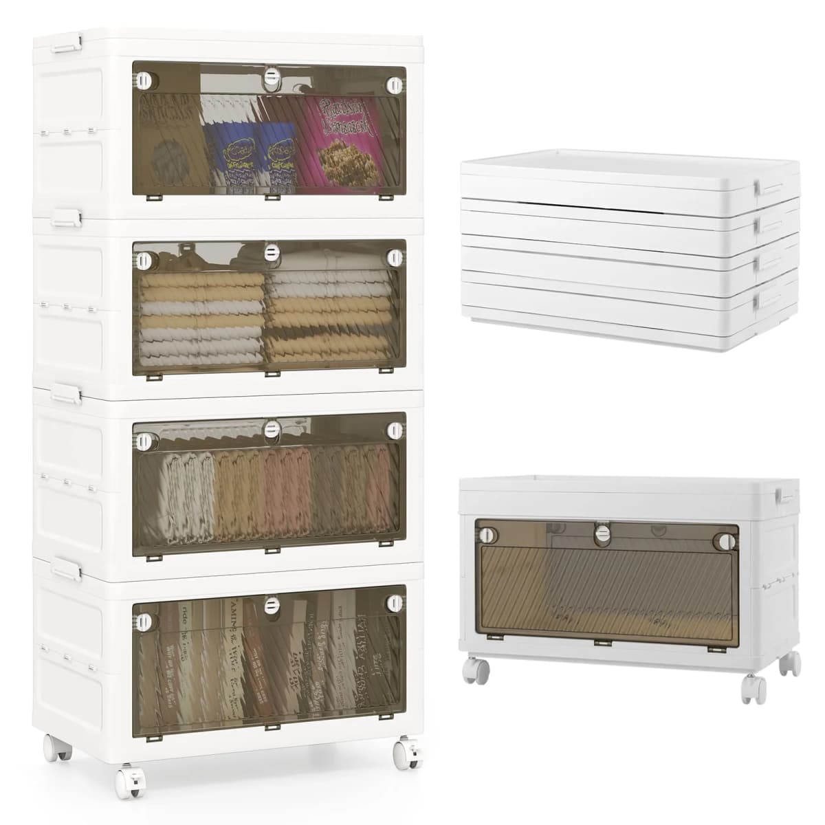 GOFLAME 4-Tier Stackable Storage Bins Bedroom Collapsible Storage Boxes-White