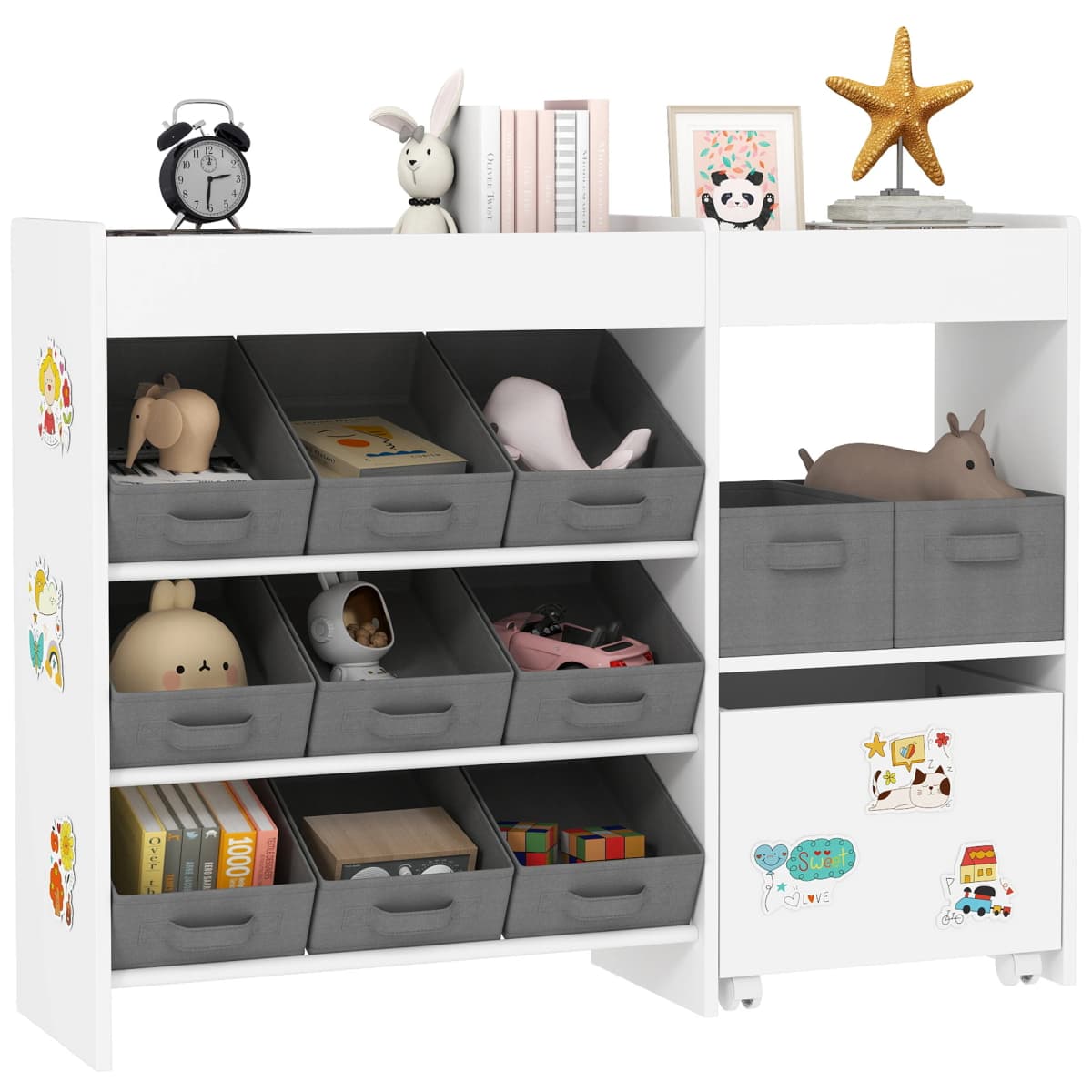 AIYAPLAY Kids Toy Storage Unit with 11 Fabric Bins, Cabinet, Top Shelves for Nursery, Playroom, Kindergarten, White