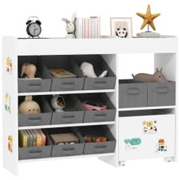 AIYAPLAY Kids Toy Storage Unit with 11 Fabric Bins, Cabinet, Top Shelves for Nursery, Playroom, Kindergarten, White