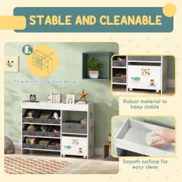 AIYAPLAY Kids Toy Storage Unit with 11 Fabric Bins, Cabinet, Top Shelves for Nursery, Playroom, Kindergarten, White