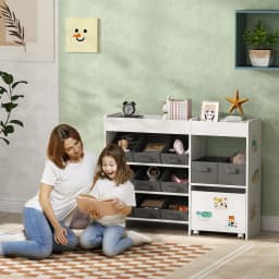 AIYAPLAY Kids Toy Storage Unit with 11 Fabric Bins, Cabinet, Top Shelves for Nursery, Playroom, Kindergarten, White
