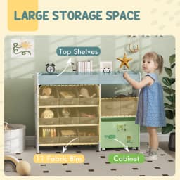 AIYAPLAY Kids Toy Storage Unit with 11 Fabric Bins, Cabinet, Top Shelves for Nursery, Playroom, Kindergarten, White