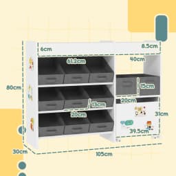 AIYAPLAY Kids Toy Storage Unit with 11 Fabric Bins, Cabinet, Top Shelves for Nursery, Playroom, Kindergarten, White